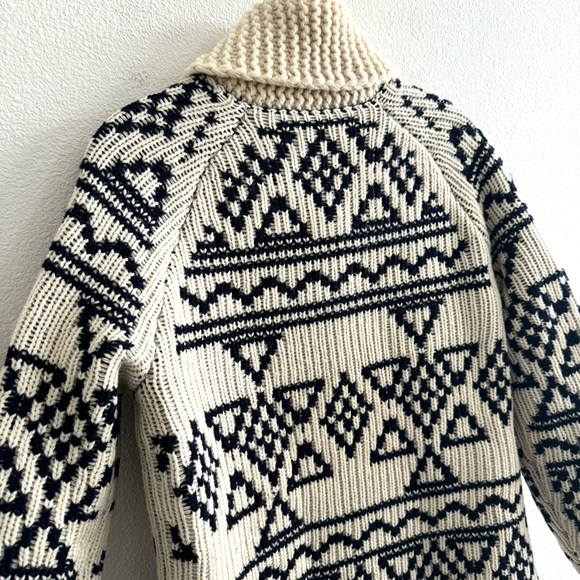 J. Crew Fair Isle Full Zip Thick Knit Lambswool Cardigan Sweater Cream Blue Boho - Picture 6 of 11